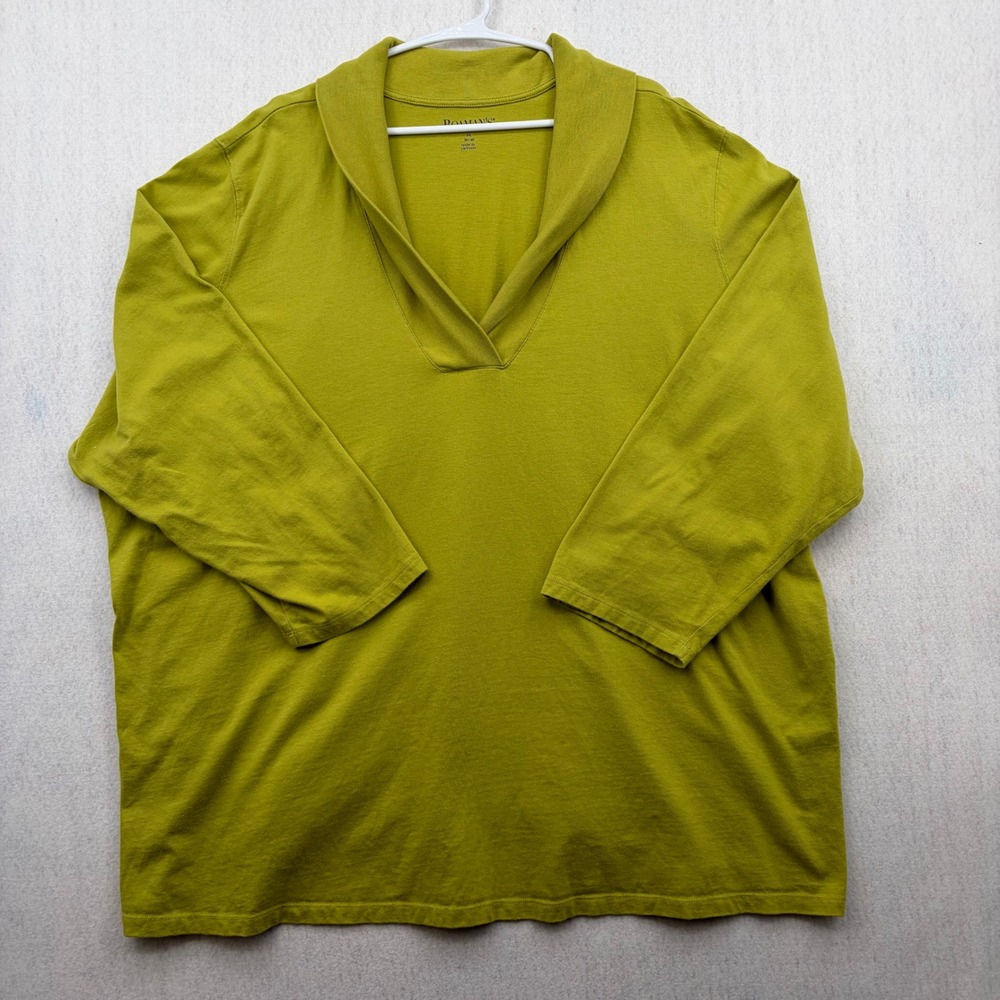 Roamans Womens 5X Chartreuse Green Shawl Collar V-Neck 3/4 Sleeve Cotton Top
